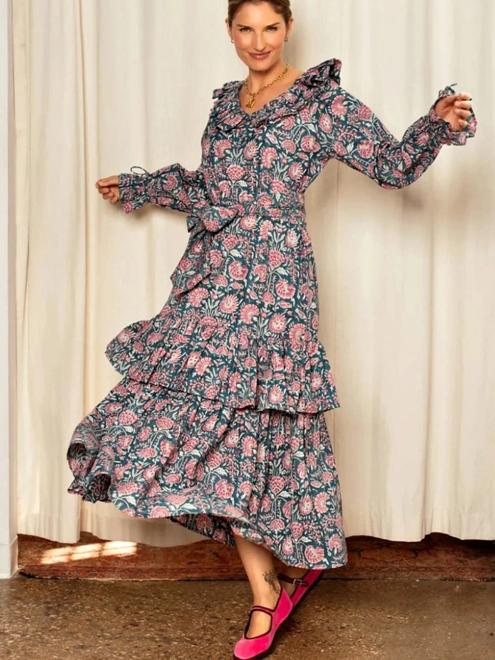 Ophelia & Indigo Hannah Dress Floral Maxi Blue & Pink Medium NWT
